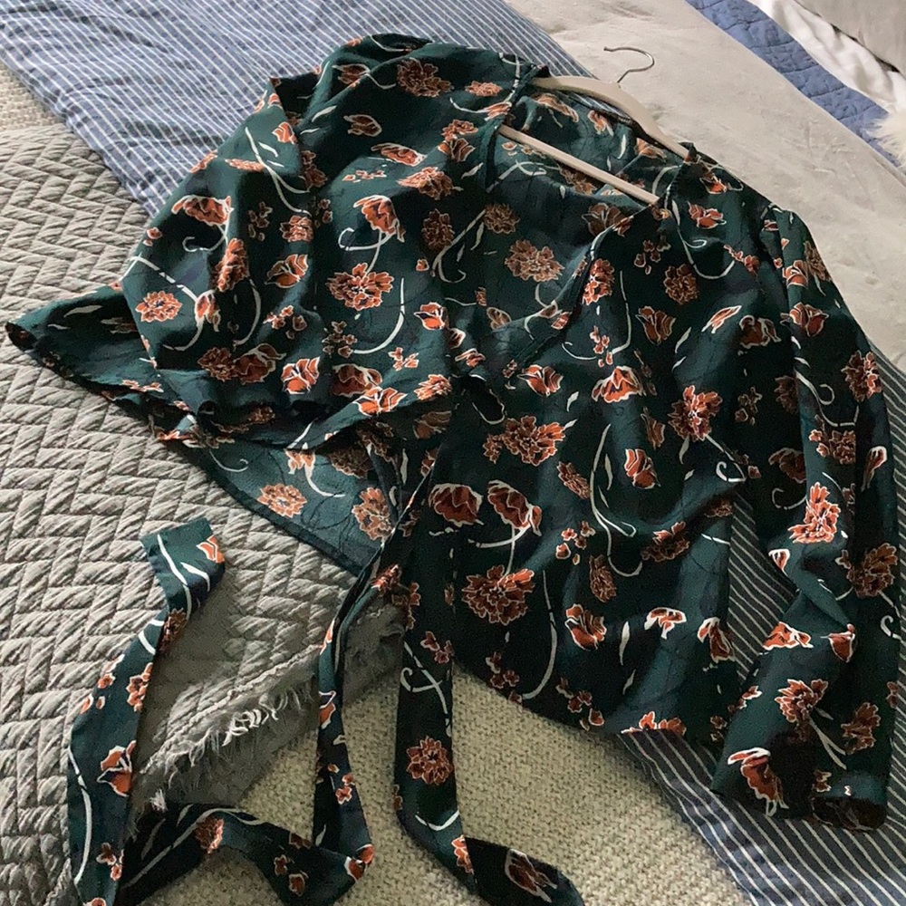 Green, floral, wrap blouse